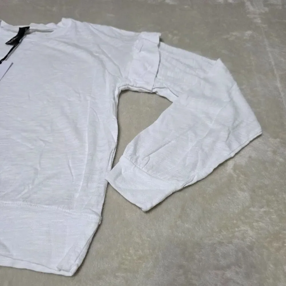 Bobi Los Angeles XS White Long Sleeve Crewneck Banded Waist/Cuff Ruffle Armhole - Picture 2 of 11